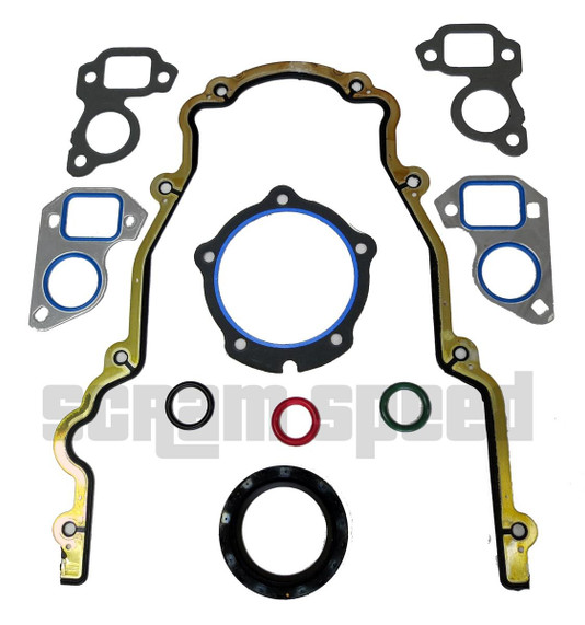 Scram Speed LSx Timing Cover Gasket Set, automotive engine gasket set with various gaskets including timing cover gasket, oil seals, and O-rings. Scram Speed LSx Timing Cover Gasket Set, automotive engine gasket set with various gaskets including timing cover gasket, oil seals, and O-rings.