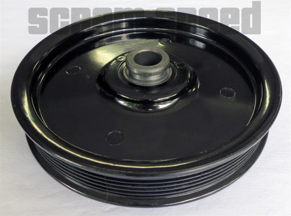 Scram Speed 79-93 SBF 5.0 302 Mustang Underdrive Power Steering Serpentine Pulley, black metal pulley with multiple grooves for belt. Scram Speed 79-93 SBF 5.0 302 Mustang Underdrive Power Steering Serpentine Pulley, black metal pulley with multiple grooves for belt.