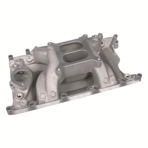 Professional Products Crosswind Mopar 5.2 5.9 318 340 360 Dual Plane Carburetor Intake LA & Magnum - Satin, automotive engine intake manifold with a metallic satin finish.