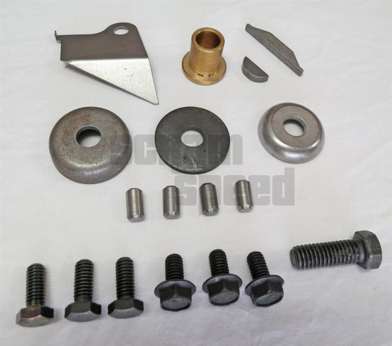 Scram Speed Small Block Mopar Engine Hardware Kit, a collection of metal engine hardware components including bolts, washers, bushings, and small brackets.