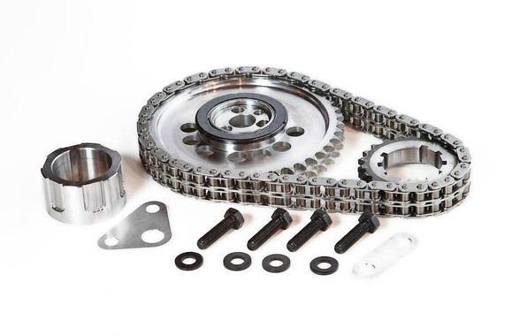 Rollmaster Billet Adjustable Timing Chain Set - Small Block Mopar, automotive engine timing components including chain, sprockets, bolts, and spacers.