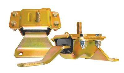 Scram Speed Coyote Swap Polyurethane Motor Mounts, gold-colored motor mounts with mounting brackets and bolts for engine stabilization.