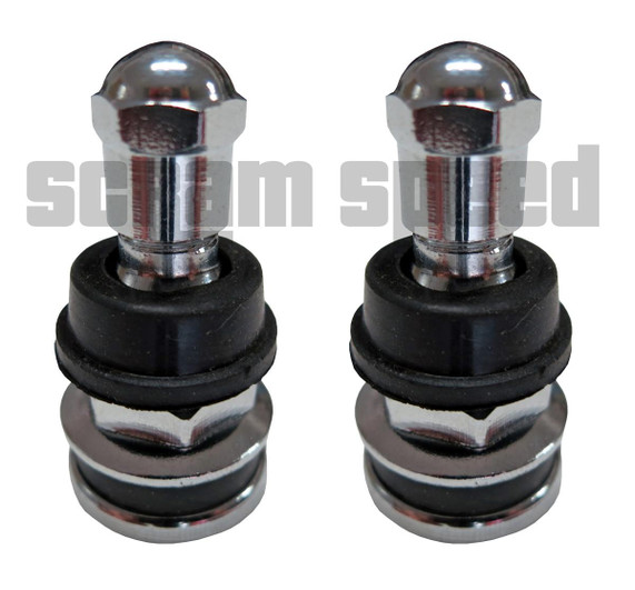 Scram Speed Chrome Steel Valve Stems, a pair of high-performance vehicle valve stems with chrome finish and rubber base for durable sealing. Scram Speed Chrome Steel Valve Stems, a pair of high-performance vehicle valve stems with chrome finish and rubber base for durable sealing.