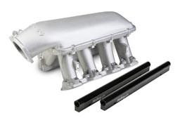 Holley Performance Parts – EFI, Intakes, & More EFI HI-RAM WITH 1 X 92MM GM LS THRO BDY, image of a silver high-rise intake manifold with four intake ports and two black mounting rails.