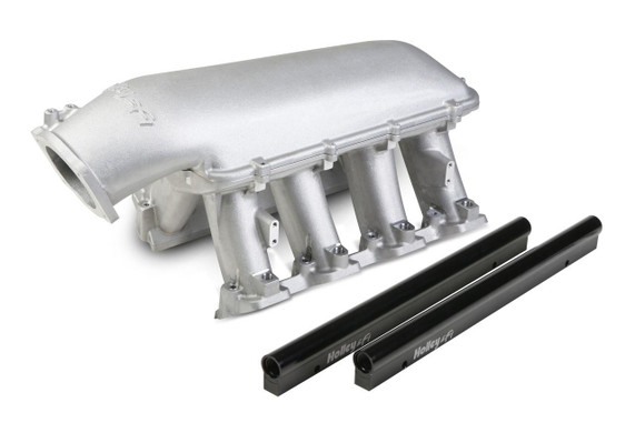 Holley Performance Parts – EFI, Intakes, & More EFI HI-RAM WITH 1 X 92MM GM LS THRO BDY, silver intake manifold with black mounting brackets.