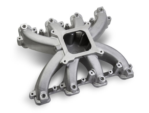 Holley Performance Parts – EFI, Intakes, & More Holley 300-132 Single Plane Carb intake LS1/2/6 Cathedral Port, automotive performance intake manifold in silver finish on a white background.