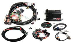 Holley Performance Parts – EFI, Intakes, & More HP EFI Plug and Play ECU AND HARNESS, LS1/LS6, image showing the ECU, wiring harness, and installation components for automotive performance enhancement.