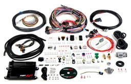 Holley Performance Parts – EFI, Intakes, & More ECU & HARNESS UNTERMINATED, automotive electronic components including wiring harnesses, ECU, connectors, and various installation parts arranged on a white surface.