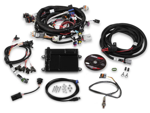 Holley Performance Parts – EFI, Intakes, & More Holley HP EFI Plug and Play ECU and Harness kit for GM LS2/LS3/LS7, includes NTK O2 sensor, electronic wiring harness, ECU unit, and installation accessories.