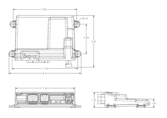 Holley Performance Parts – EFI, Intakes, & More Holley HP EFI HP ECU, technical schematic showing dimensions and design features of the engine electronic control unit.