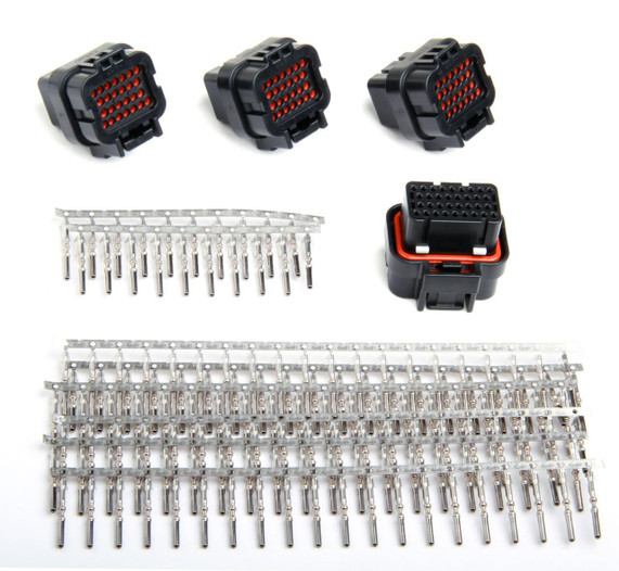 Holley Performance Parts – EFI, Intakes, & More J2-J4 CONNECTOR KIT, automotive electrical connector set with multiple black connectors, metal pins, and terminal strips for high-performance vehicle wiring.