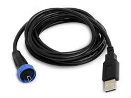 Holley Performance Parts – EFI, Intakes, & More SEALED USB CABLE, coiled black USB cable with blue and black connectors for automotive electronic upgrades.