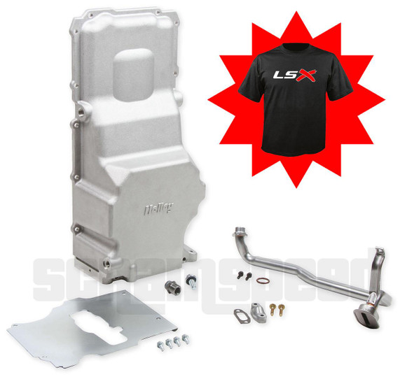 Holley Performance Parts – EFI, Intakes, & More Holley 302-3 LS Engine Swap Oil Pan - Free LSX T-shirt with purchase, image of a silver LS engine oil pan alongside installation hardware and an LSX T-shirt in black with red and white logo.