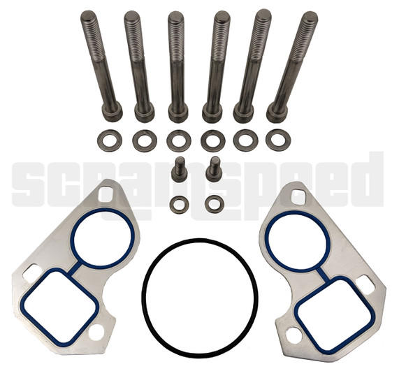 Our installation kit includes stainless bolts for pump and thermostat, thermostat gasket and aluminum/viton reusable water pump gaskets. 
