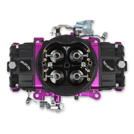 Quick Fuel Technology – Carburetors & Fuel Systems Quick Fuel BR-67304 BLACK BRAWLER CARBURETOR 950 CFM M.S., black and purple high-performance racing carburetor with four barrels, metallic components, and adjustable screws.