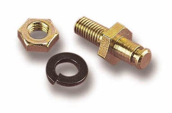 Holley Performance Parts – EFI, Intakes, & More 1/4 IN THROTTLE STUD KIT, image showing a set of gold-colored throttle stud, nut, and washer for automotive performance upgrades.