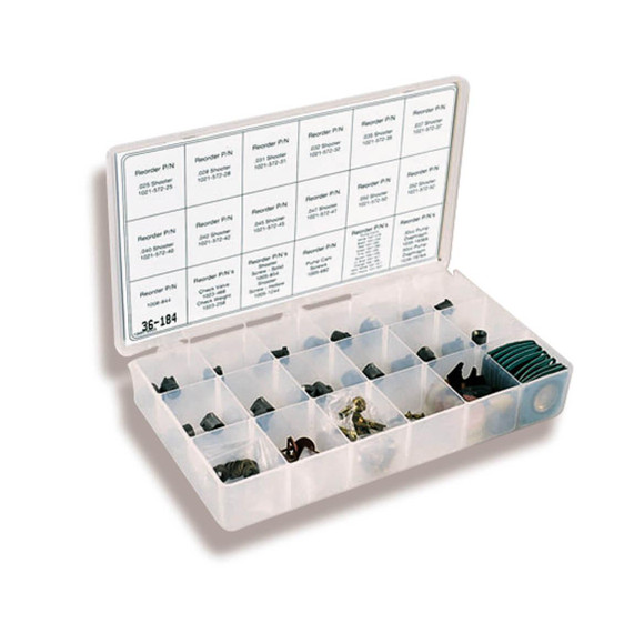 Holley Performance Parts – EFI, Intakes, & More PUMP & NEEDLE TUNING KIT, organized repair and tuning kit with various small components stored in a clear plastic case.
