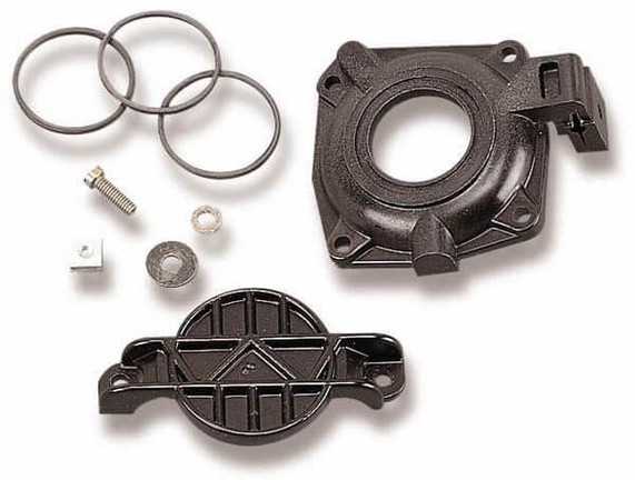 Holley Performance Parts – EFI, Intakes, & More QUICK CHANGE KIT, image of various engine components including gaskets, a black plastic part, and screws for automotive performance upgrades.