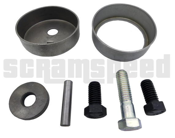 Scram Speed Big Block Ford FE Fuel Pump Eccentric, image of engine components including a pair of circular metal parts, bolts, and pins for fuel pump adjustment and installation.