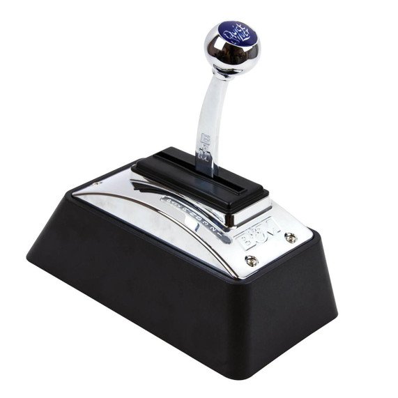 B&M 80683 Quicksilver 3 and 4 speed automatic shifter, metallic and black gear shift lever with a spherical top and base mounted on a black rectangular base with chrome accents.