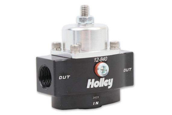 Holley Performance Parts – EFI, Intakes, & More Holley 12-840 Billet Fuel Pressure Regulator 4.5-9 PSI NPT Fittings, high-quality metal fuel pressure regulator with inlet and outlet ports, designed for automotive fuel systems.