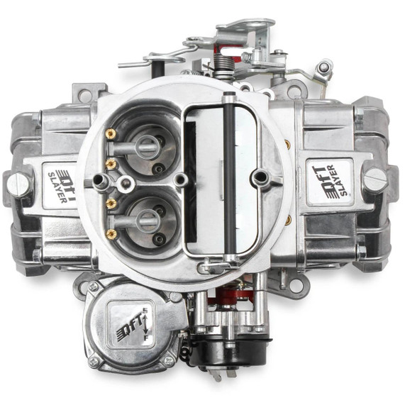 Quick Fuel Technology – Carburetors & Fuel Systems QFT SL-600-VS Slayer Series Carburetor -600 CFM, top view of the high-performance carburetor showcasing its metallic silver finish and multiple linkage points.