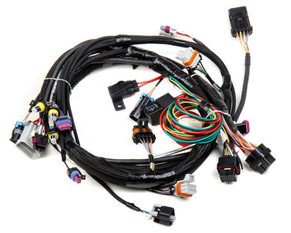 Holley EFI 558-102 LS1 Main Harness LS1/LS6 for HP and Dominator EFI, automotive wiring harness with multiple connectors and colorful wires for engine management system.