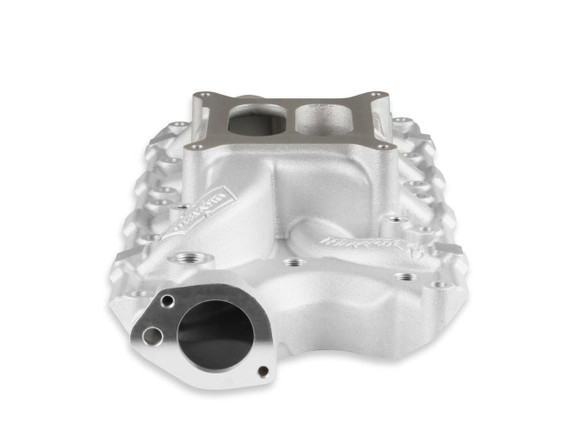 Weiand 8124 Small Block Ford Street Warrior Intake Manifold, silver automotive intake manifold with mounting bolt holes and large central opening.