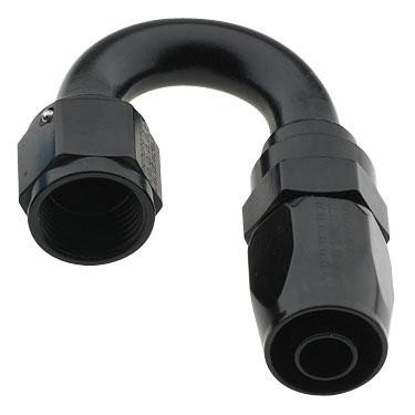 Fragola 231806-BL #6 X 180 PRO-FLOW HOSE END BLACK, black hose end connector with 90-degree bend for fuel or fluid transfer.