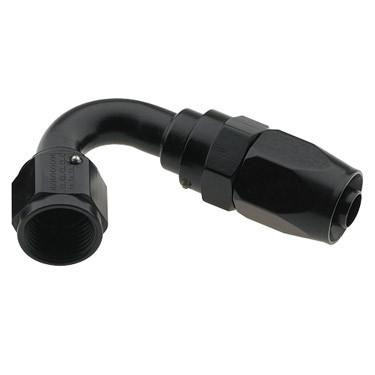 Fragola 231208-BL #8 X 120 PRO-FLOW HOSE END BLACK, a black rubber hose fitting with a curved and threaded design for secure connections.