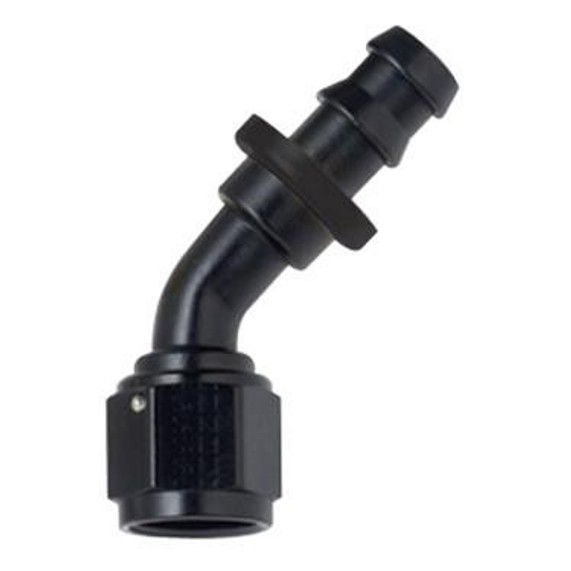 Fragola 204504-BL #4 Push Lock End 45 Black, close-up image of a black push lock end fitting for hoses with a 45-degree angle.