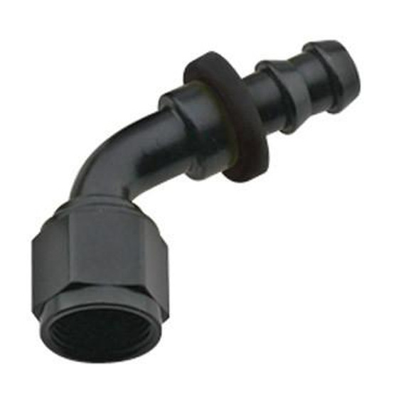 Fragola 206008-BL #8 PUSH LOCK END 60 BLACK, black push lock fitting with 90-degree elbow design for fluid transfer systems.