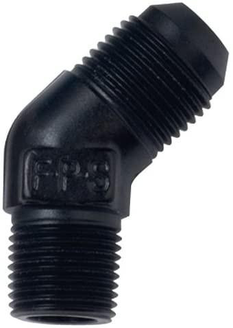 Fragola 482308-BL #8 X 3/8 MPT, 45?ø Adapter Black, close-up view of a black plastic elbow fitting with threaded ends for hose or pipe connection.