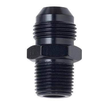 Fragola 481634-BL #3 X 1/4 MPT, STRAIGHT ADAPTER, BLACK, close-up of the black plastic straight adapter with threaded ends for connecting pipes or fittings.