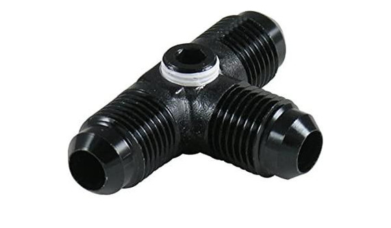 Fragola 997406-BL #6 Male TEE with 1/8 FPT Port, Black - Image of a black plastic T-shaped fitting with threaded ports and a white ring on the side. Fragola 997406-BL #6 Male TEE with 1/8 FPT Port, Black - Image of a black plastic T-shaped fitting with threaded ports and a white ring on the side.