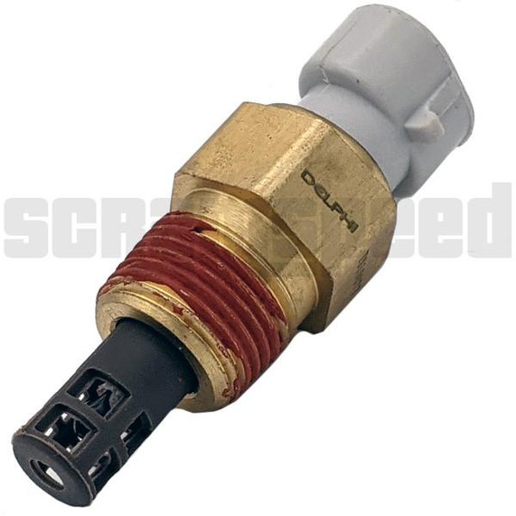 Scram Speed SNS100 LS threaded IAT Intake Air Temp Air Charge Sensor, close-up view of the sensor with brass and plastic components. Scram Speed SNS100 LS threaded IAT Intake Air Temp Air Charge Sensor, close-up view of the sensor with brass and plastic components.