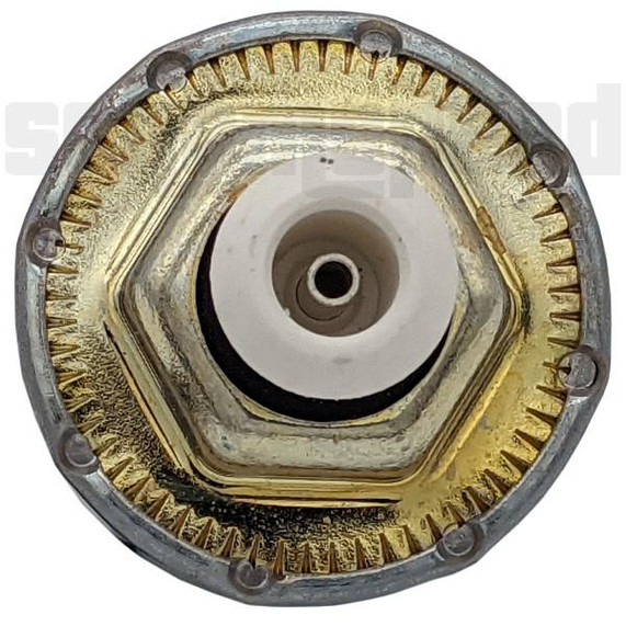 Scram Speed SNS110 LS Gen III 98-02 Camaro Knock Sensor, close-up view showing the sensor's metallic housing with a central hole for mounting, detailed gold-colored internal components, and a hexagonal nut design for installation.