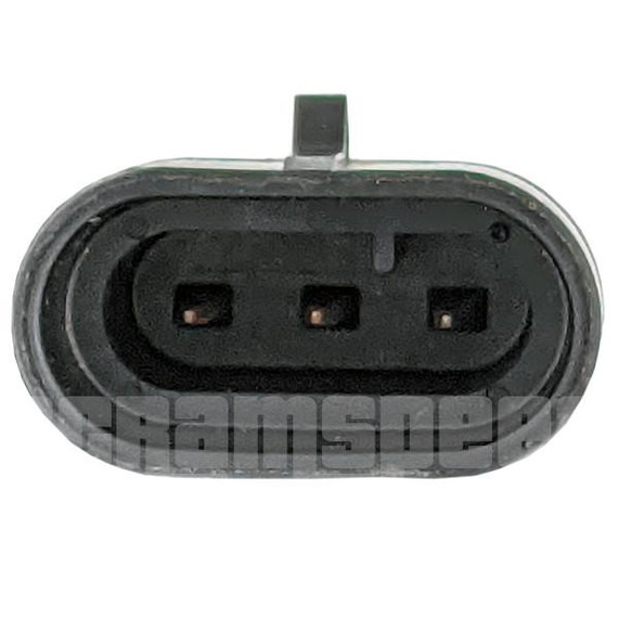 Scram Speed SNS115 LS GEN III CPS Camshaft Position Sensor, close-up of the electrical connector with three metal pins inside a black plastic housing. Scram Speed SNS115 LS GEN III CPS Camshaft Position Sensor, close-up of the electrical connector with three metal pins inside a black plastic housing.