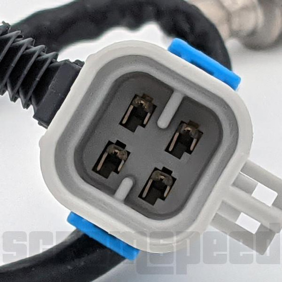 Scram Speed SNS120 2005-2013 Silverado/Sierra, 2004-2006 Pontiac GTO, 2006-08 Pontiac G8 UPSTREAM 02 Oxygen Sensor, automotive sensor connector with four metal pins inside a white plastic housing.