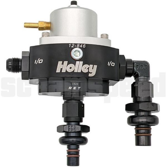 Scram Speed Fox Body Mustang Fuel Pressure Regulator Kit for Engine Swap or Aftermarket Rails, image of a fuel pressure regulator with hoses and fittings.