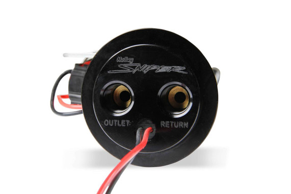 Sniper EFI Holley 12-345 Sniper 340lph Fuel Pump Module, black circular fuel pump module with outlet and return ports labeled, and red and black wires attached for vehicle fuel system connection.