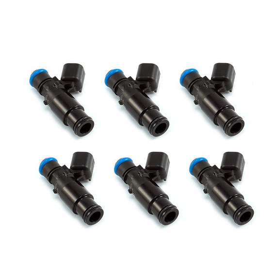 Precision Fuel Injectors from Injector Dynamics ID1050-XDS 1050.48.14.14B.6, set of 6 black fuel injectors with 4mm bottom adaptor and blue accents, designed for automotive performance applications.