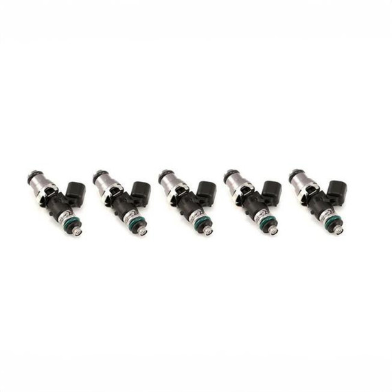 Precision Fuel Injectors from Injector Dynamics ID1300-XDS 1300.48.14.14.5 Fuel Injectors, 14mm adapters, set of 5, black and silver fuel injectors with green seals.