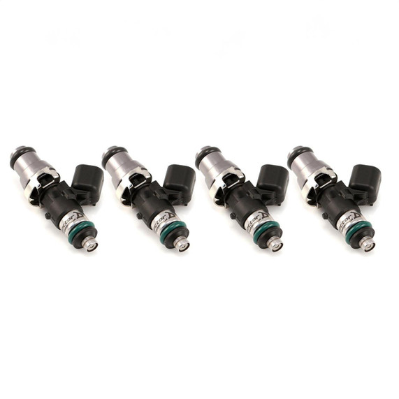 Precision Fuel Injectors from Injector Dynamics ID1300-XDS, set of 4, with 14mm grey adapter top and silver bottom adapter, high-performance fuel injectors for automotive use.