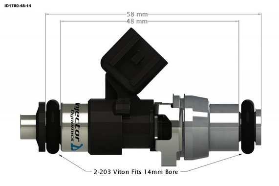 Precision Fuel Injectors from Injector Dynamics ID1700-XDS 1700.48.14.14.4 Fuel Injectors, 14mm (grey) adapters, set of 4, with detailed measurement diagram