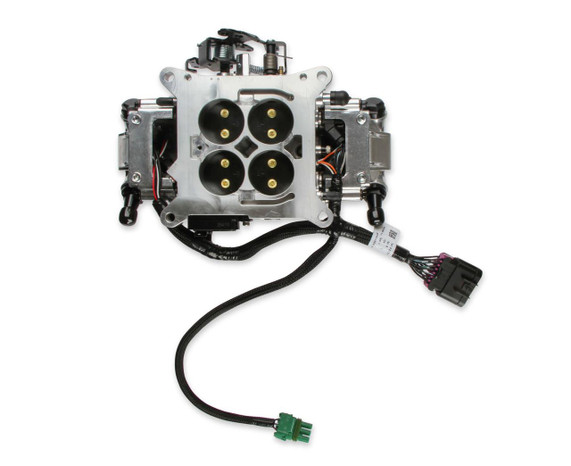 Holley Performance Parts – EFI, Intakes, & More Holley 550-1001 TERMINATOR X STEALTH 4150, SHINY, shiny engine control module with four black throttle body ports and wiring harness.