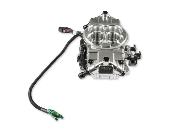 Holley Performance Parts – EFI, Intakes, & More Holley 550-1001 TERMINATOR X STEALTH 4150, SHINY, high-performance fuel injection system with a metallic finish and wiring harness.