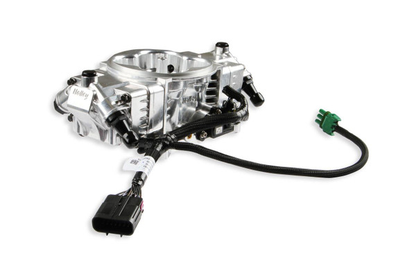 Holley Performance Parts – EFI, Intakes, & More Holley 550-1001 TERMINATOR X STEALTH 4150, SHINY - a shiny, metallic engine control unit with wiring and connectors on a white background.