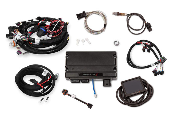Holley Performance Parts EFI Intakes & More, Holley 550-904 Terminator X MPFI Kit for 4.8-6.0 Early Truck with various wiring harnesses, electronic components, and control modules.
