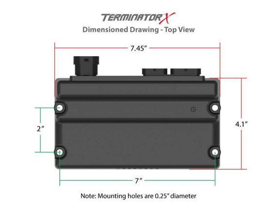 Holley Performance Parts - EFI, Intakes, & More Holley 550-904 Terminator X MPFI, 4.8-6.0 Early Truck, top view of the dimensioned drawing showing measurements of 7.45 inches wide, 4.1 inches tall, with mounting holes spaced 7 inches apart.